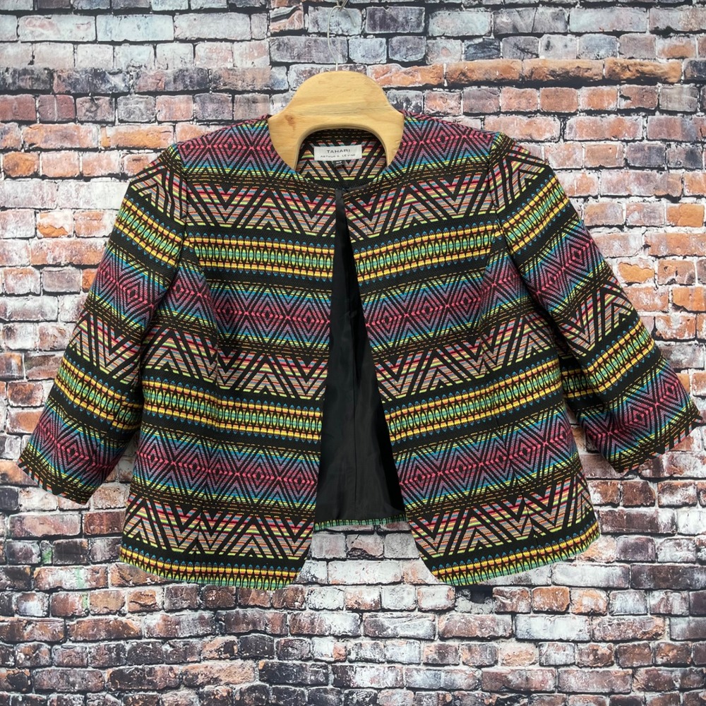Tahari Arthur S. Levine Women 16W Multicolor Geometric Jacquard Open Jacket
